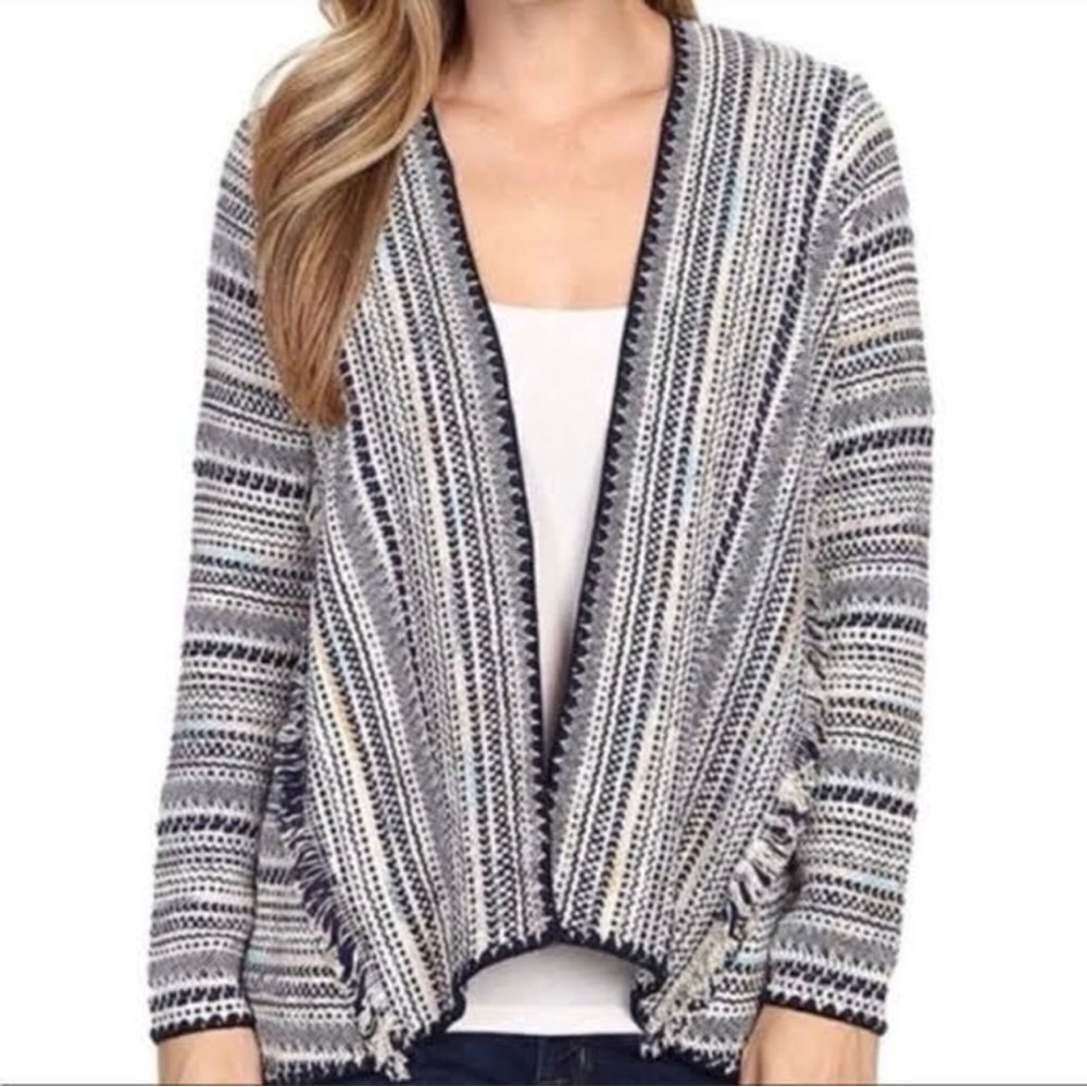 Lucky Brand Blue Cream Tribal Woven Frayed Open Cardigan Sweater